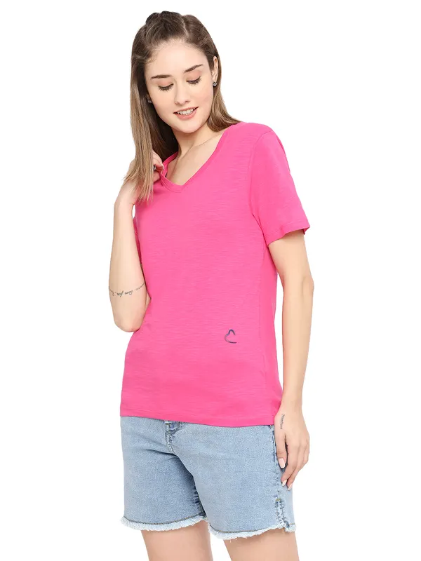 Being Human Semi Fit Women Crew Neck T-Shirts-Pink Glo